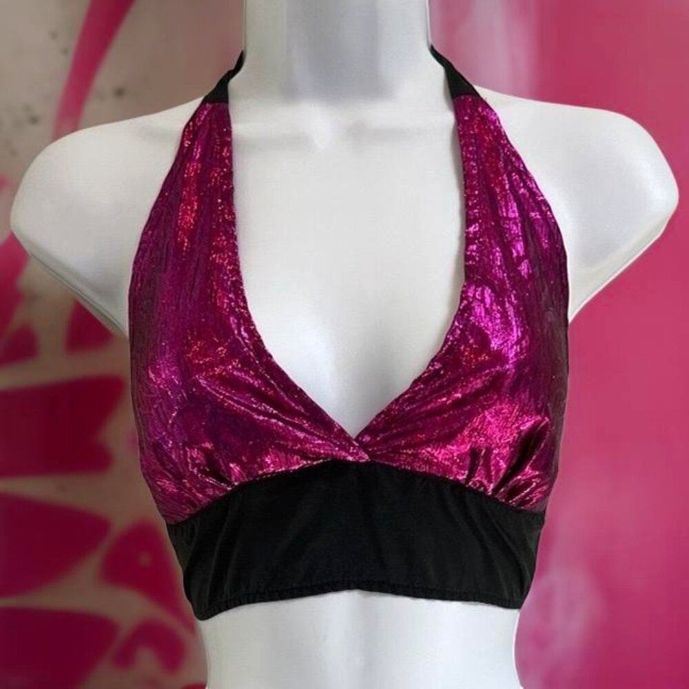 Vintage Y2K Piedmont Boutique Purple Lamé Rave Halter Top